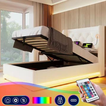 Gestoffeerd bed 90x200 met opbergruimte en USB-C, Huis en Inrichting, Slaapkamer | Bedden, Verzenden, Nieuw