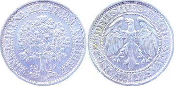 Duitsland 5 Reichsmark 1932 D Eichbaum J 331 vz/stgl zilver, Postzegels en Munten, Verzenden