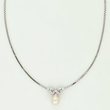 Halsketting - 14 karaat Witgoud Diamant (Natuurlijk) - Parel, Nieuw
