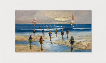 Mario Roig Vidal -XL - Veleros y pescadoras en la orilla, Antiek en Kunst