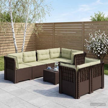 vidaXL 7-Persoons Tuinbank met Kussens Rieten Look PP Bruin, Verzenden, Nieuw