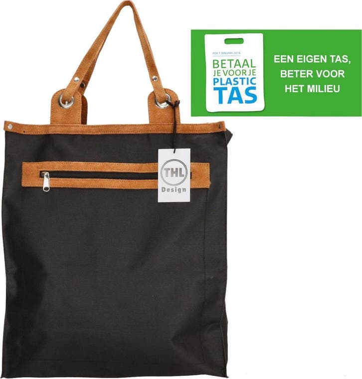 THL Design Sterke Boodschappentas Leren Handvatten, Sieraden, Tassen en Uiterlijk, Tassen | Schoudertassen, Zwart, Nieuw, Overige merken