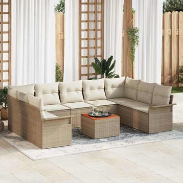 vidaXL Tuinbankenset 10 st 9-Aantal zitplaatsen Beige en, Tuin en Terras, Verzenden, Nieuw, Rotan, Meer dan 8 zitplaatsen