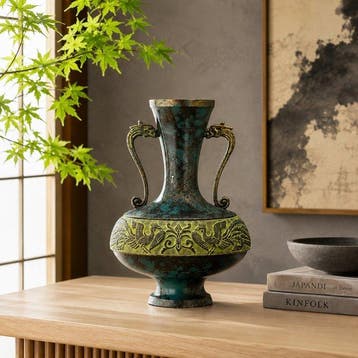 Vaas - Brons, gemarmerd blauw en gouden patina, pauwenrelief