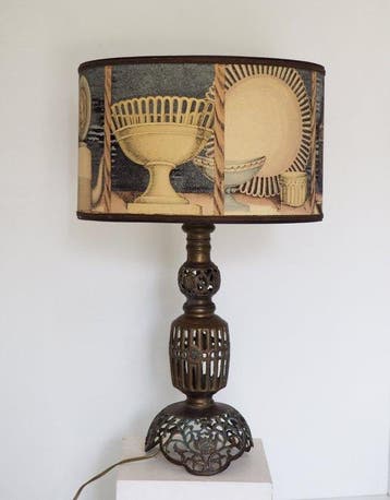 Large Filagree bronze table lamp/shadow Fornasetti fabric -