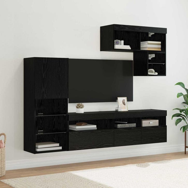 vidaXL TV Wandmeubels Wandgemonteerd 6 pcs Zwart Eiken, Huis en Inrichting, Kasten | Televisiemeubels, Nieuw, Minder dan 50 cm