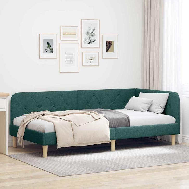 vidaXL Hoekbedframe Donkergroen 90 x 190 cm Stof, Huis en Inrichting, Slaapkamer | Bedden, Groen, Nieuw, Stof, Verzenden