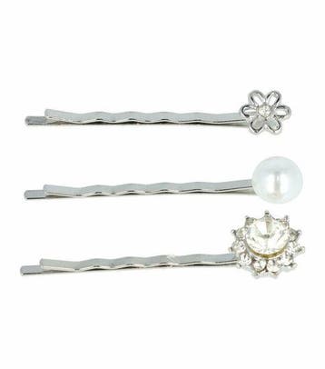 Haarspeld Schuifspeldjes 5cm - Bloem Parel Strass - Zilver -, Nieuw