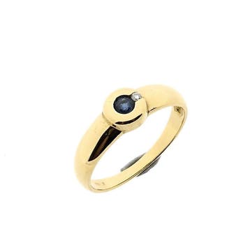 Gouden ring met saffier en diamant; 0,01 ct., Sieraden, Tassen en Uiterlijk, Ringen, Gebruikt, Overige kleuren, Ophalen of Verzenden