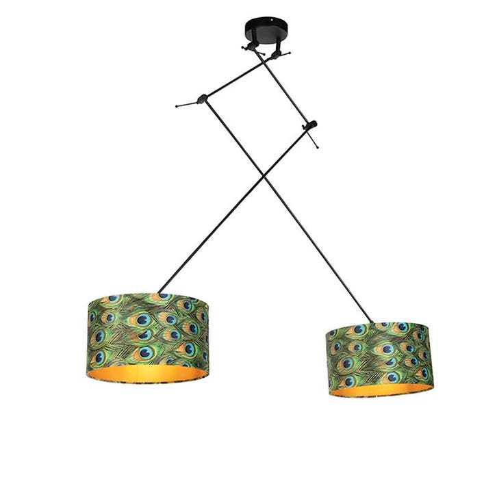 Hanglamp zwart met velours kappen pauw met goud 35 cm, Huis en Inrichting, Lampen | Hanglampen, Nieuw, Stof, Verzenden
