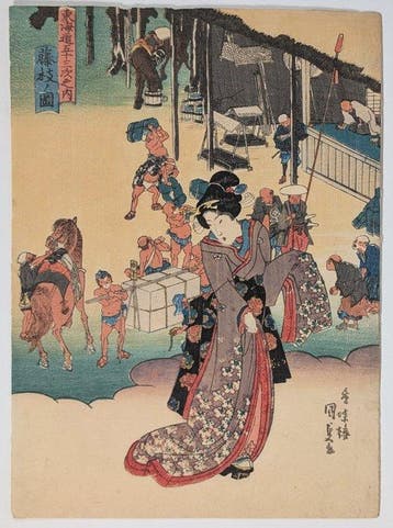 Kunisada • Uitzicht op Fujieda • Bijin Tkaid • Japanse