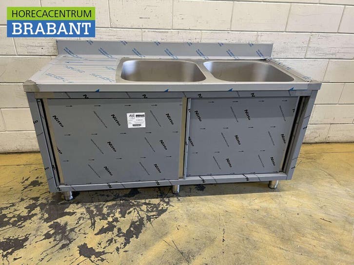 RVS Spoeltafel Dubbele Spoelbakken 2 schuifdeuren, Zakelijke goederen, Horeca | Keukenapparatuur, Nieuw in verpakking, Ophalen of Verzenden