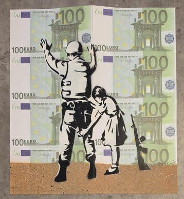 Jinks Kunst - Tribute to Banksy on 8 Iranian banknotes