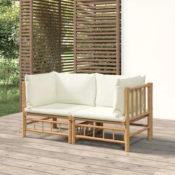 vidaXL Tuinhoekbanken 2 st met kussens bamboe crèmewit, Verzenden, Nieuw, Hout