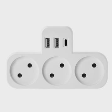 3-Weg Stopcontact Verdeler met 2 USB-A en 1 USB-C Poort - Op, Verzenden, Nieuw