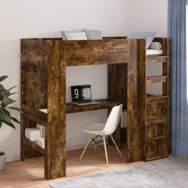 vidaXL Loft Bedframe met Bureau Gerookt eiken 90 x 200 cm, Huis en Inrichting, Slaapkamer | Bedden, Bruin, Nieuw, Hout, Verzenden