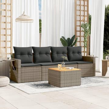 vidaXL 5-delige Loungeset met kussens poly rattan grijs, Verzenden, Nieuw, Loungeset