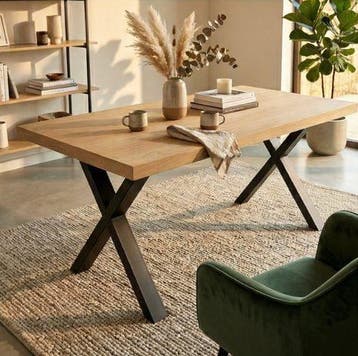 Eiken eettafel 180x90 met stalen X-poot | nieuw, Huis en Inrichting, Tafels | Eettafels, Ophalen, Industrieel, modern, Nieuw, 50 tot 100 cm