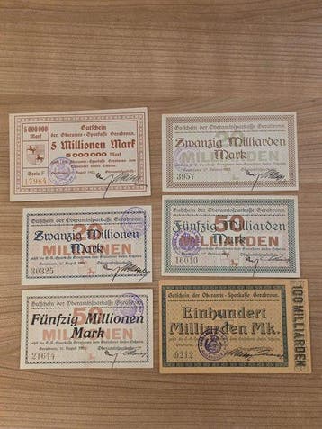 Duitsland. 6 Banknotes Mark 1923 – Gerabronn – Notgeld