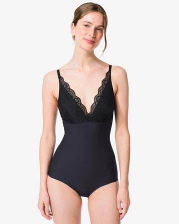 HEMA Medium corrigerende damesbody met kant zwart, Verzenden, Zwart