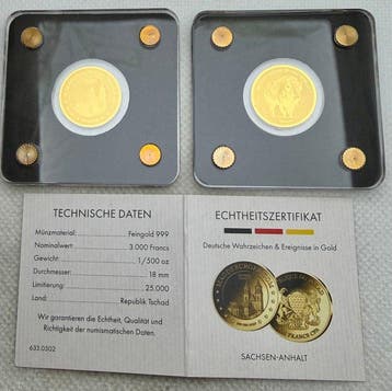 Tsjaad. 3000 Francs ND Alemania , oro 2x1/500 Oz (.999)