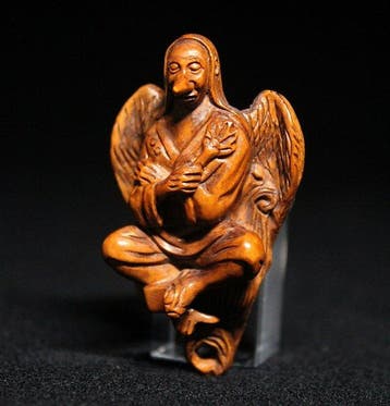 Yokai Karasu Tengu Kraai-Demon Vintage Netsuke - Hout,, Antiek en Kunst