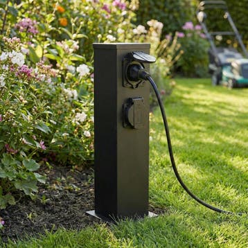 Buitenstopcontact paal met 4 zwarte stopcontacten | 40 cm, Overige typen, Nieuw, Ophalen of Verzenden, Netvoeding