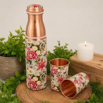 Puur koperen set van fles bloemenprint wit ± 950 ml met 2, Ophalen of Verzenden, Nieuw