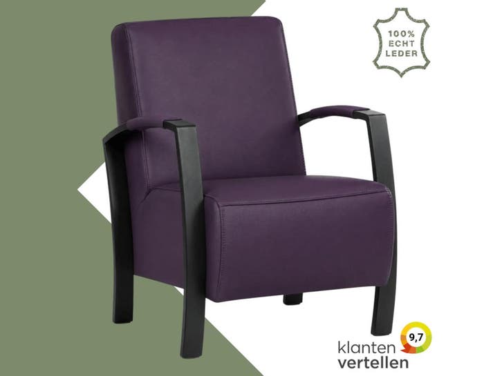 Leren fauteuil Glory - Toledo Aubergine (paars), Huis en Inrichting, Fauteuils, 50 tot 75 cm, 75 tot 100 cm, Nieuw, Leer, Ophalen of Verzenden