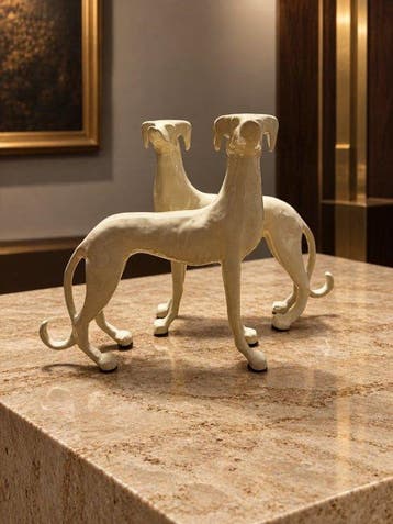 sculptuur, Set van 2 windhonden – ivoorkleurig metaal – Art