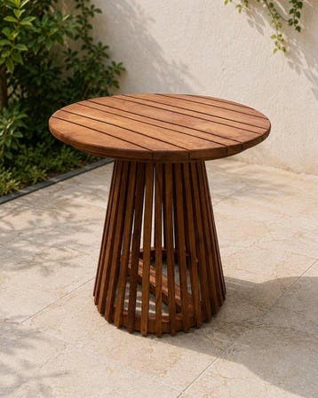 Bijzettafel - Ronde teakhouten bijzettafel – sculpturale