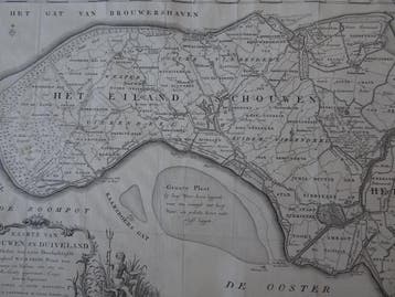 gravure kaart Schouwen Duiveland Hattinga, Tirion 1753, Boeken, Atlassen en Landkaarten, Gelezen, Verzenden, Voor 1800, Landkaart