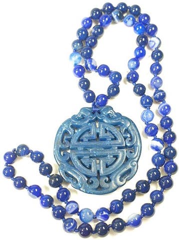 Blauwe agaat en Tibetaans amulet - Fenixvogels of Fenghuang