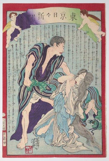 YOSHIIKU . De nep-spook ontmaskerd . krant nishiki-e . 1874