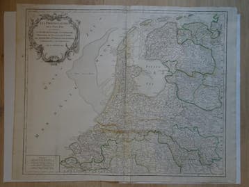 Ets gekleurd, kaart der Nederlanden Robert de Vaugondy 1750, Gelezen, Verzenden, Voor 1800, Landkaart