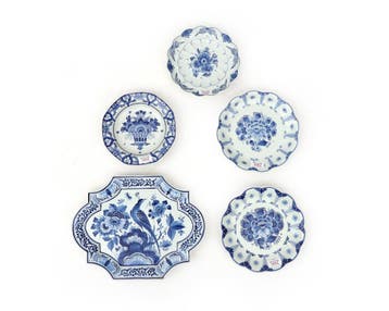 Vijf Delfts Blauwe wandbordjes, De Porceleyne Fles, Delft, Antiek en Kunst