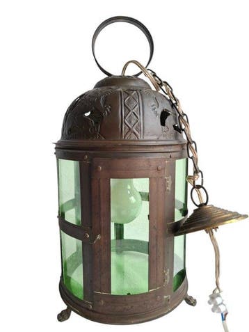 Plafondlamp - Oud-Hollandse hallantaarn - Koper, Brons, Glas