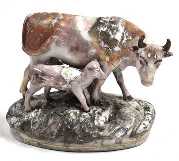 Antiek Staffordshire beeldje van koe met kalf, aardewerk, Verzenden