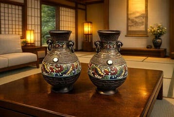 Vaas - Brons - Japan - cloisonné emaille vazen