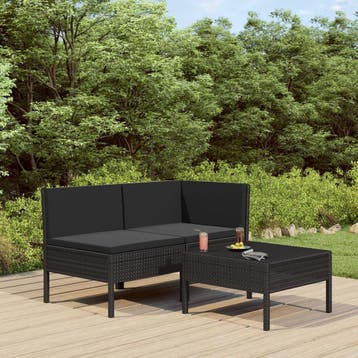 vidaXL 3-delige Loungeset met kussens poly rattan zwart, Verzenden, Nieuw, Loungeset