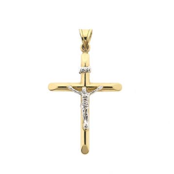 Bicolor gouden hanger van een kruis met corpus | INRI, Ophalen of Verzenden, Gebruikt, Goud, Overige merken