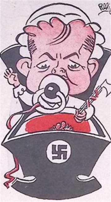 Spotprent met baby in een Nazi wieg (lijst optie, Lithos), Antiek en Kunst, Verzenden