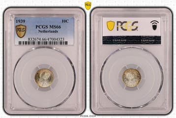 Koningin Wilhelmina 10 cent 1939 MS66 PCGS gecertificeerd, Verzenden, Zilver, 10 cent, Koningin Wilhelmina
