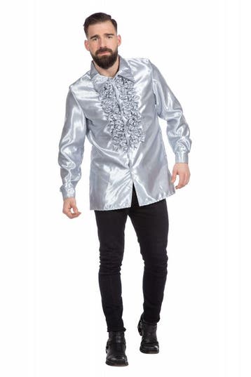 Ruchesblouse satijn zilver, Kleding | Dames, Carnavalskleding en Feestkleding, Ophalen of Verzenden, Nieuw