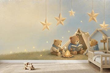 Beren behang babykamer – fotobehang met tent en sterren, Verzenden, Fotobehang