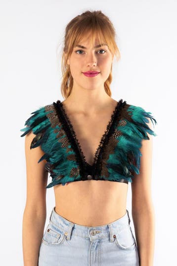 KIMU® Top met Veren Turquoise Bruin XS S M Verentop Steampun, Ophalen of Verzenden, Nieuw, Carnaval, Kleding