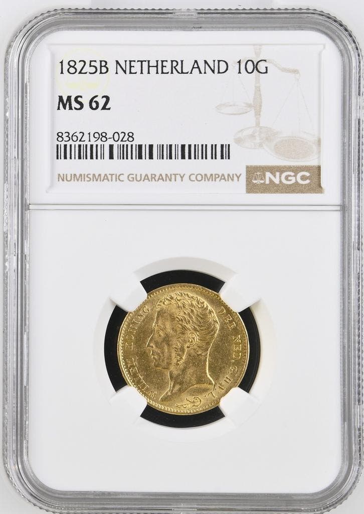 Gouden Koning Willem I 10 Gulden 1825 Brussel MS62 NGC, Postzegels en Munten, Munten | Nederland, Losse munt, 10 gulden, Koning Willem I
