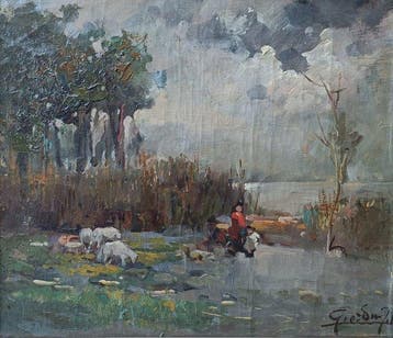 Felice Giordano (1880-1964) - Scena pastorale al tramonto