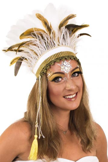 KIMU® Verentooi Bruin Wit Goud Veren Tooi Witte Hoofdtooi In, Ophalen of Verzenden, Nieuw, Carnaval