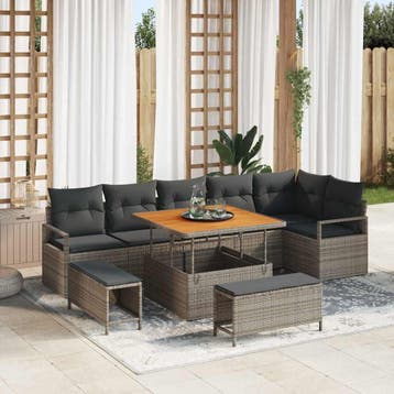 vidaXL Tuin Sofa Set met kussen 9 pcs Grijs Poly riet, Verzenden, Nieuw, Rotan, Meer dan 8 zitplaatsen
